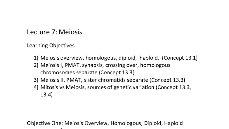 Lecture 7: Meiosis Overview and Genetic Variation Concepts - Studocu