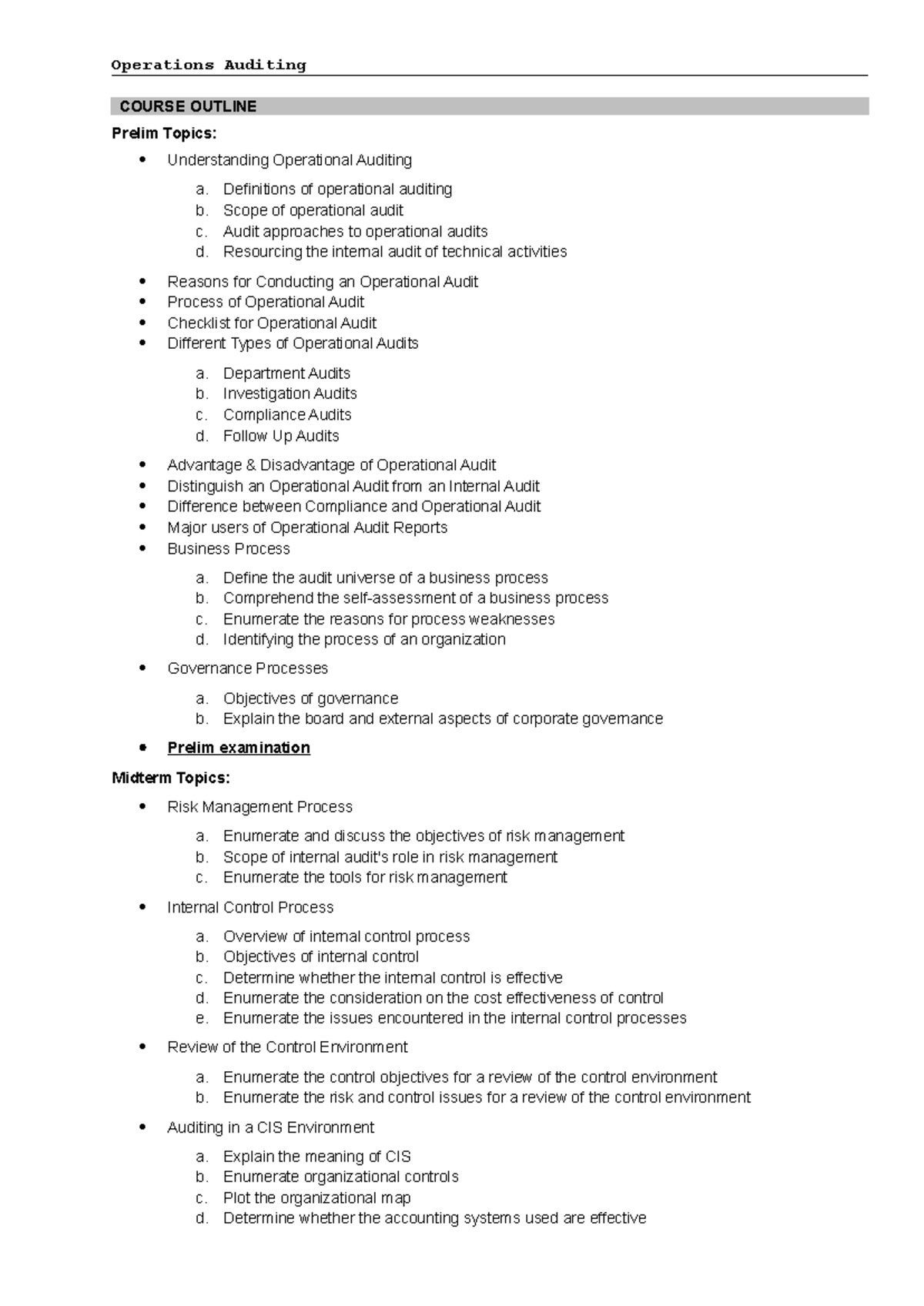 Operations Auditing Notes: Comprehensive Course Outline and Key Topics ...