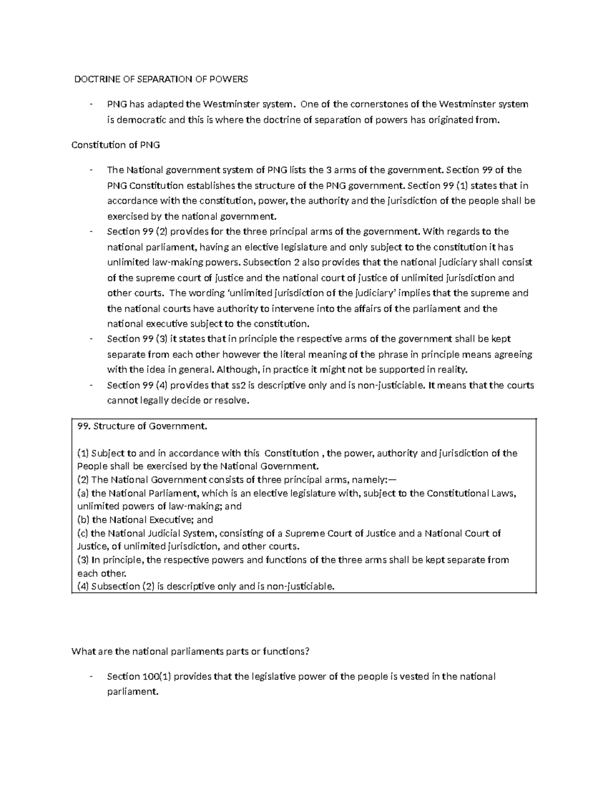 WEEK 5 - Exam Notes on the Doctrine of Separation of Powers in PNG ...