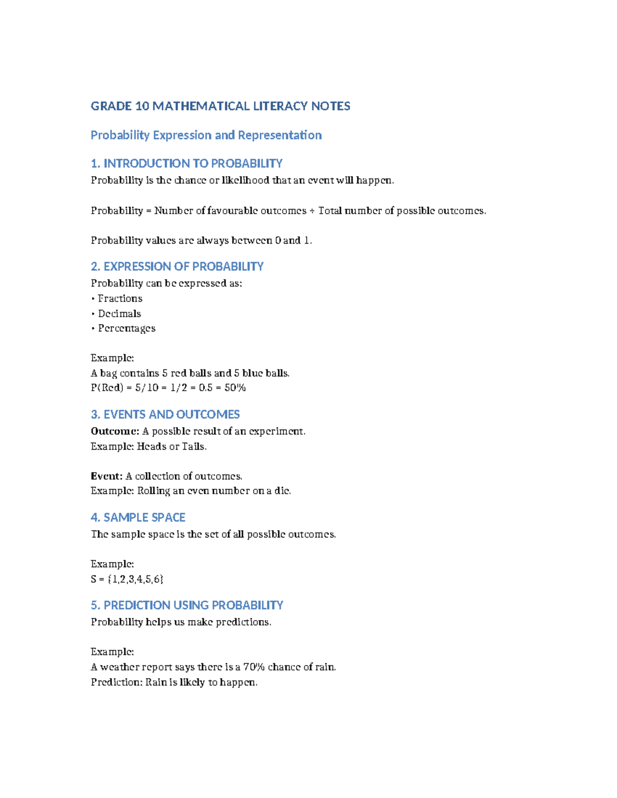 Grade 10 Mathematical Literacy Notes: Probability Concepts and Examples ...