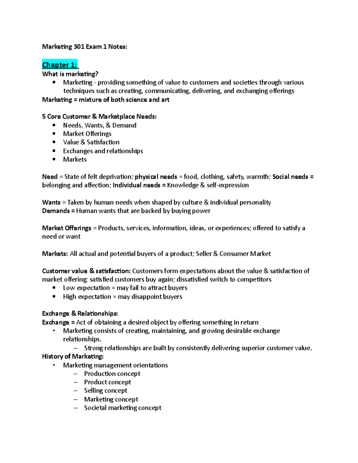 Marketing 301 Exam 1 Notes Ch 1-5 - Marketing 301 Exam 1 Notes: Chapter ...