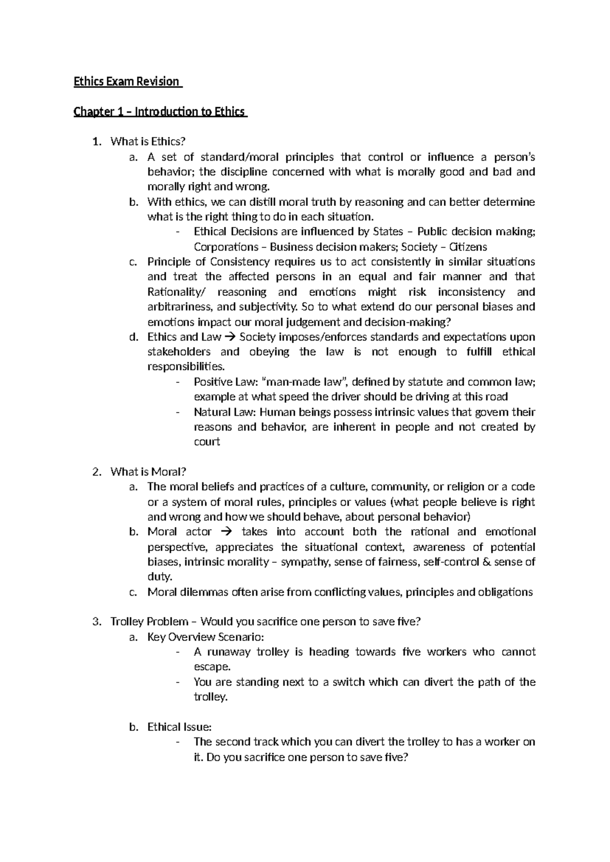 Ethics Exam Revision - Ethics Exam Revision Chapter 1 – Introduction to ...