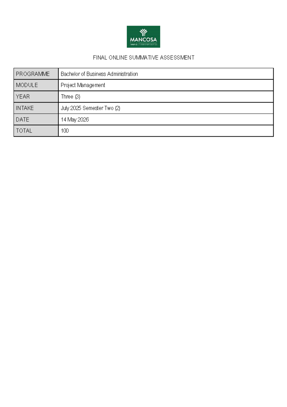 BBA Project Management Final Online Assessment - May 2026 - Studocu