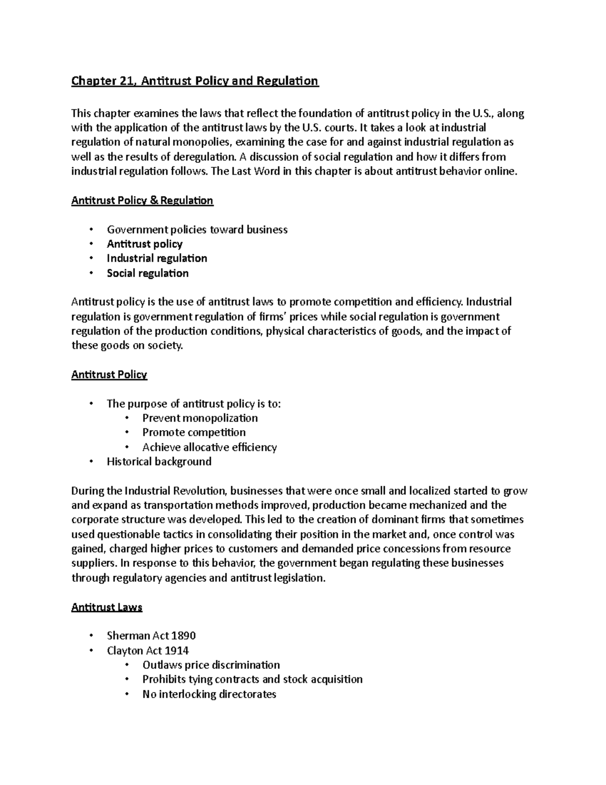 Chapter 21 - Antitrust Policy and Regulation - , along with the ...