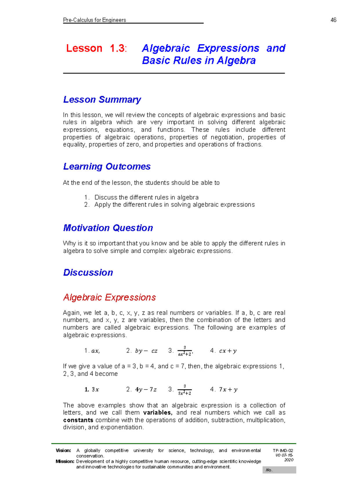 ESci 110 Module 1 Lesson 3 Algebraic Expressions and Basic Rules in ...