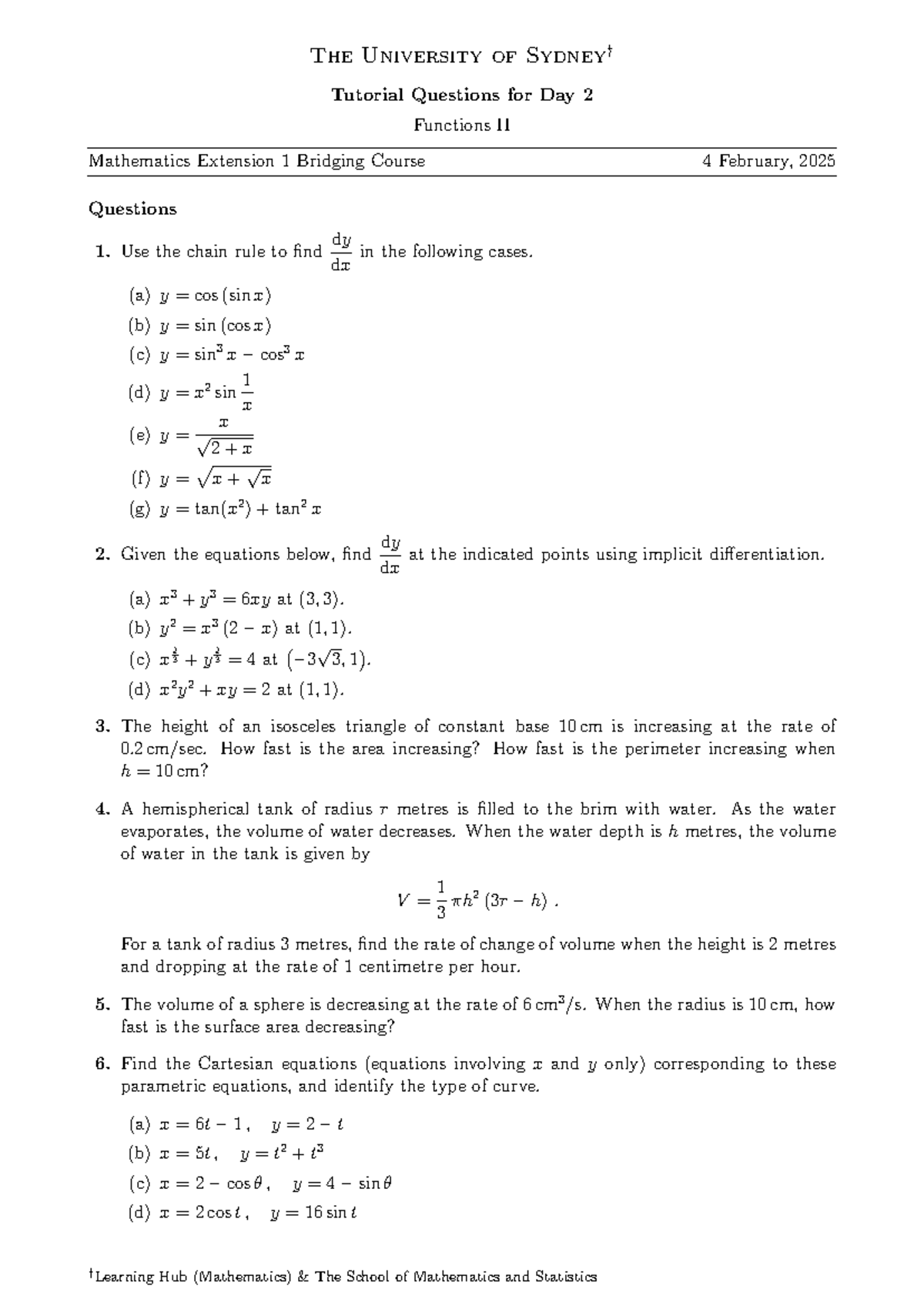 Day 2 Functions II Math Extension 1 Tutorial Questions - Studocu