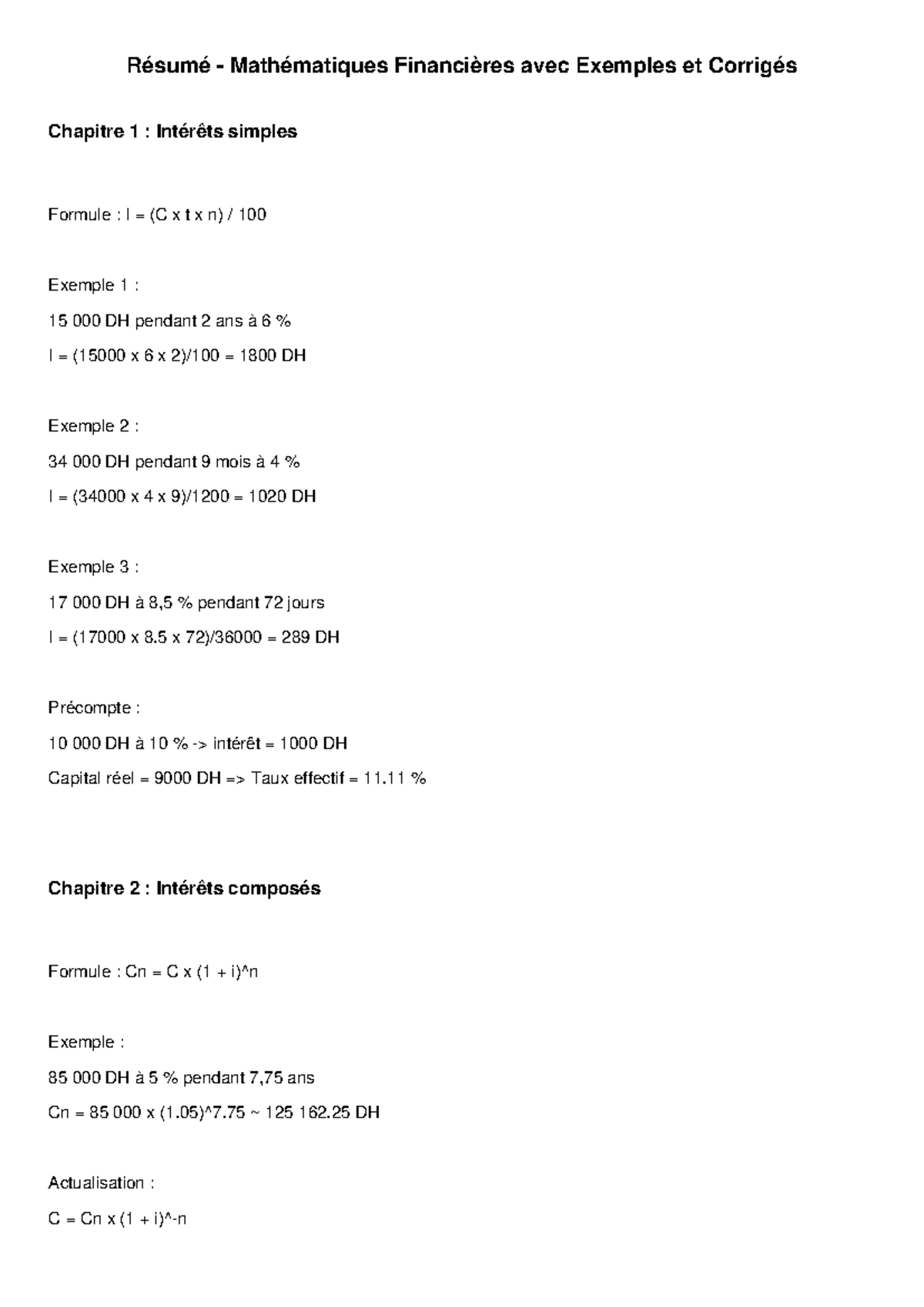 Résumé Mathématiques Financières - Chapitres 1 à 4 avec Exemples - Studocu
