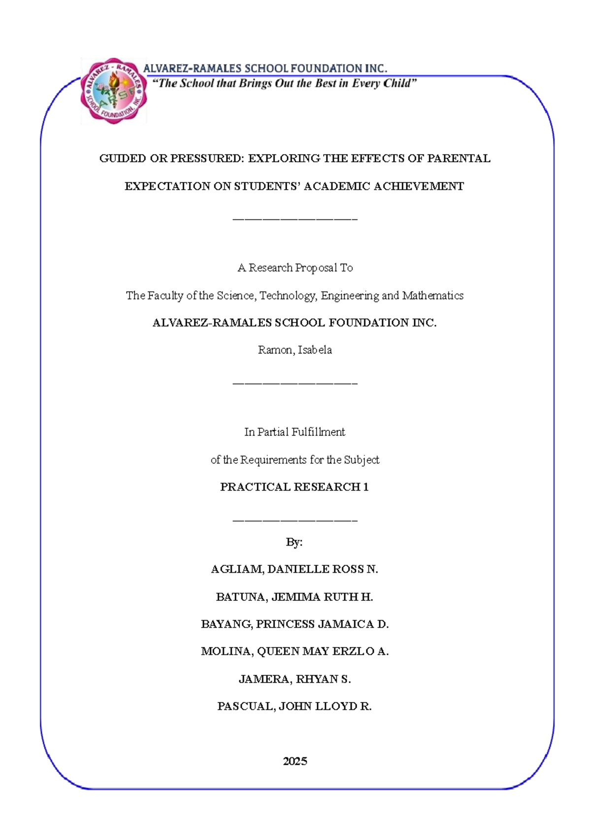 PRACTICAL RESEARCH 1: Parental Expectations & Academic Achievement ...