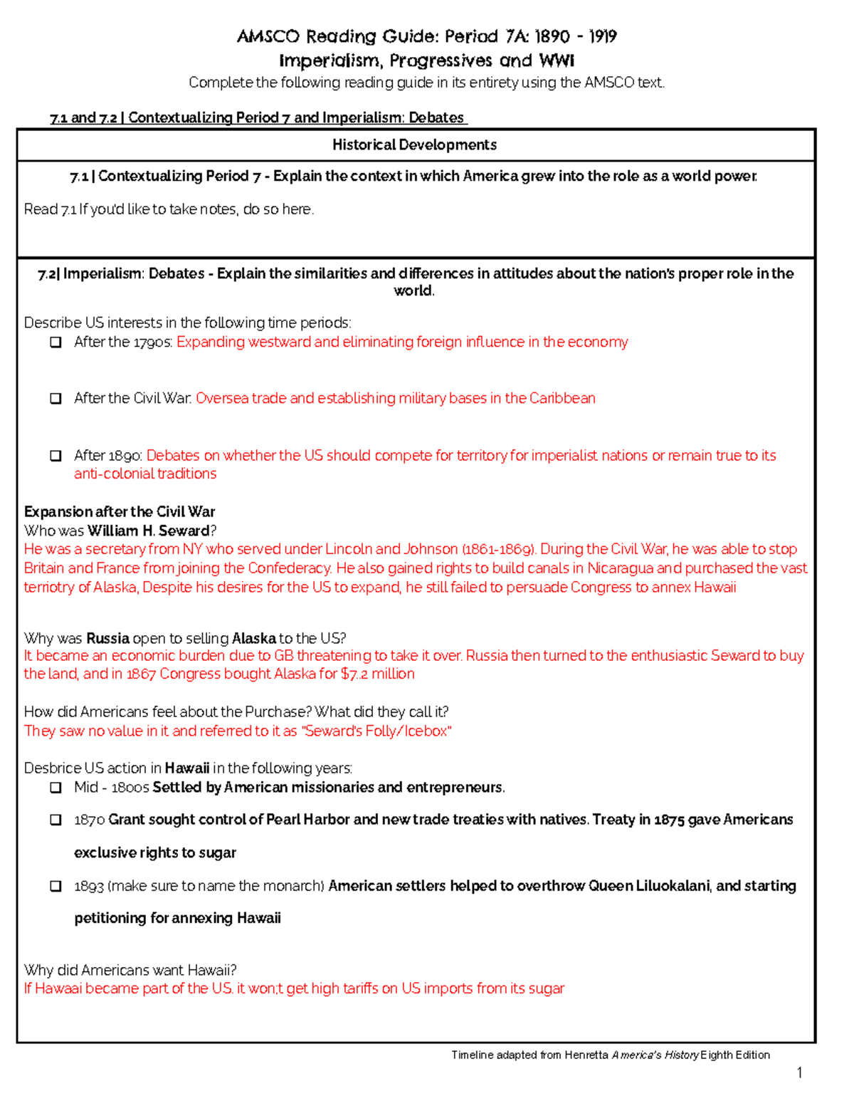 APUSH Period 7A AMSCO Reading Guide: Imperialism & WWI (7.1-7.6) - Studocu