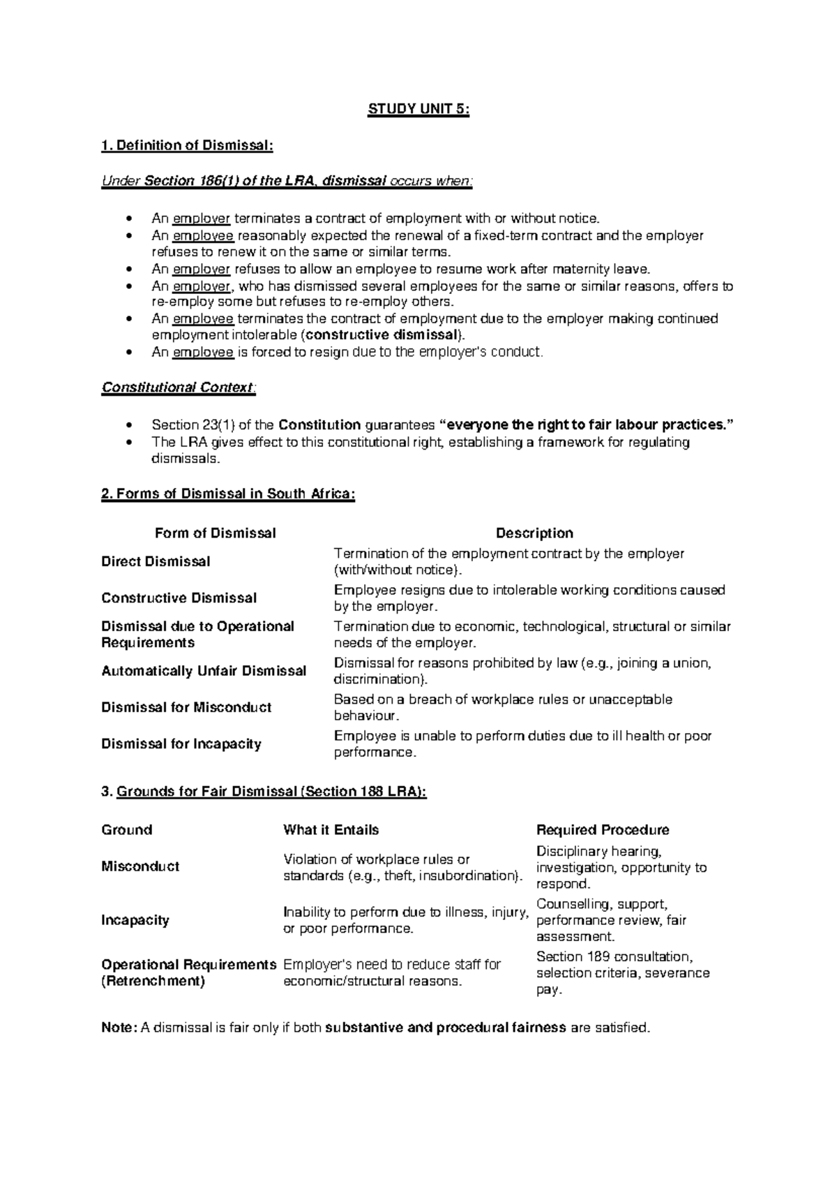 LLAW 221 - Study Unit 5: Understanding Dismissal in South Africa - Studocu