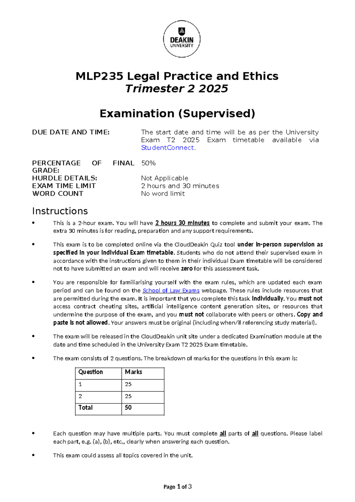 MLP235 Legal Practice & Ethics T2 2025 Exam Guidelines - Studocu