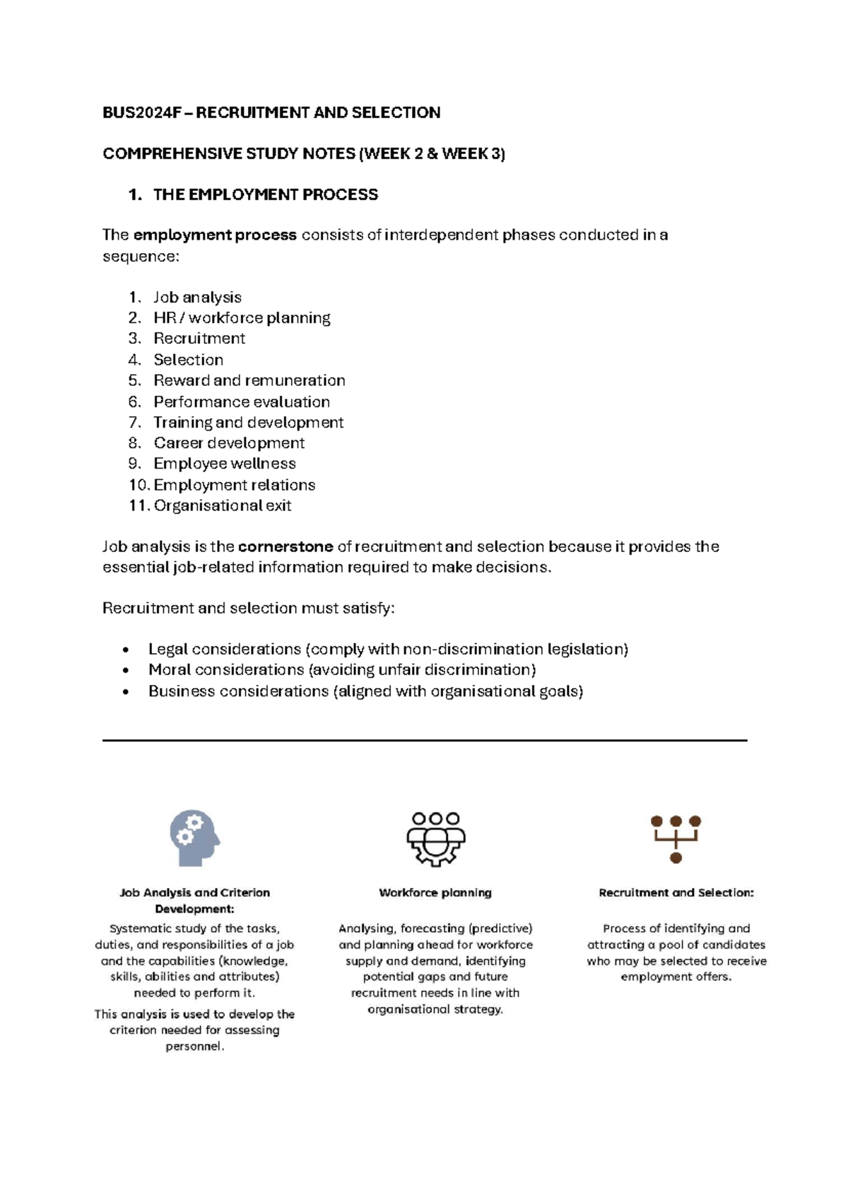 BUS2024F RECRUITMENT AND SELECTION STUDY NOTES (WEEKS 2-3) - Studocu