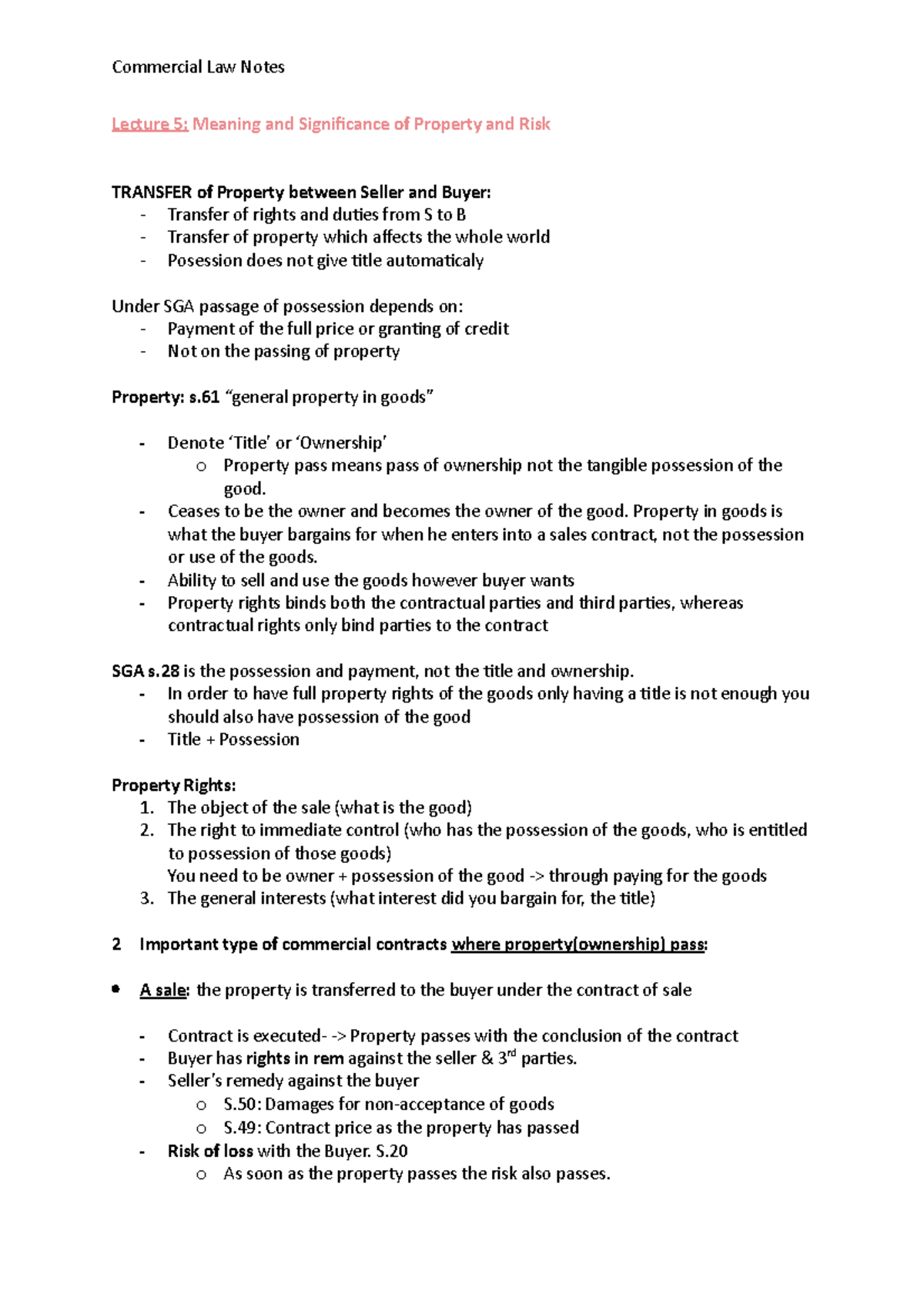 Property Risk Revision Notes - Commercial Law Notes Lecture 5: Meaning ...