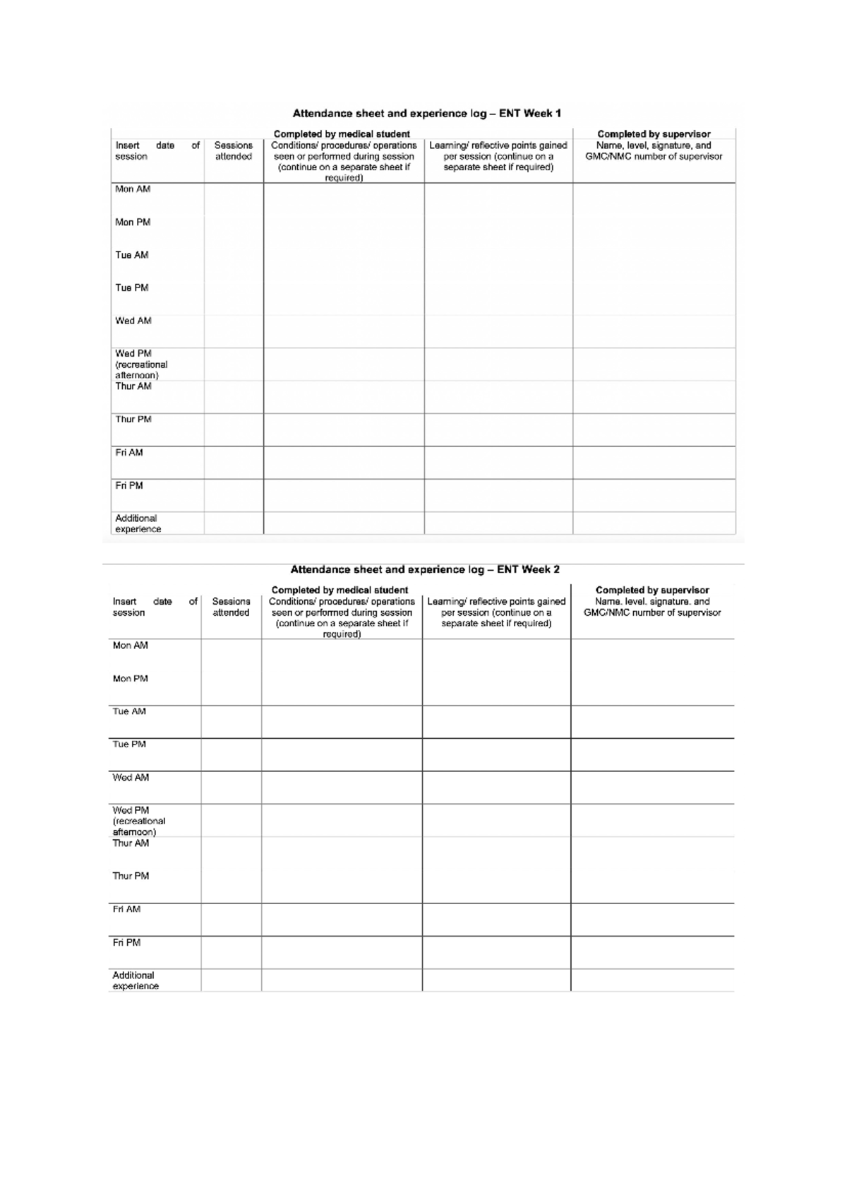 ENT Logbook - Week 1 & 2 Attendance and Experience Reflections - Studocu