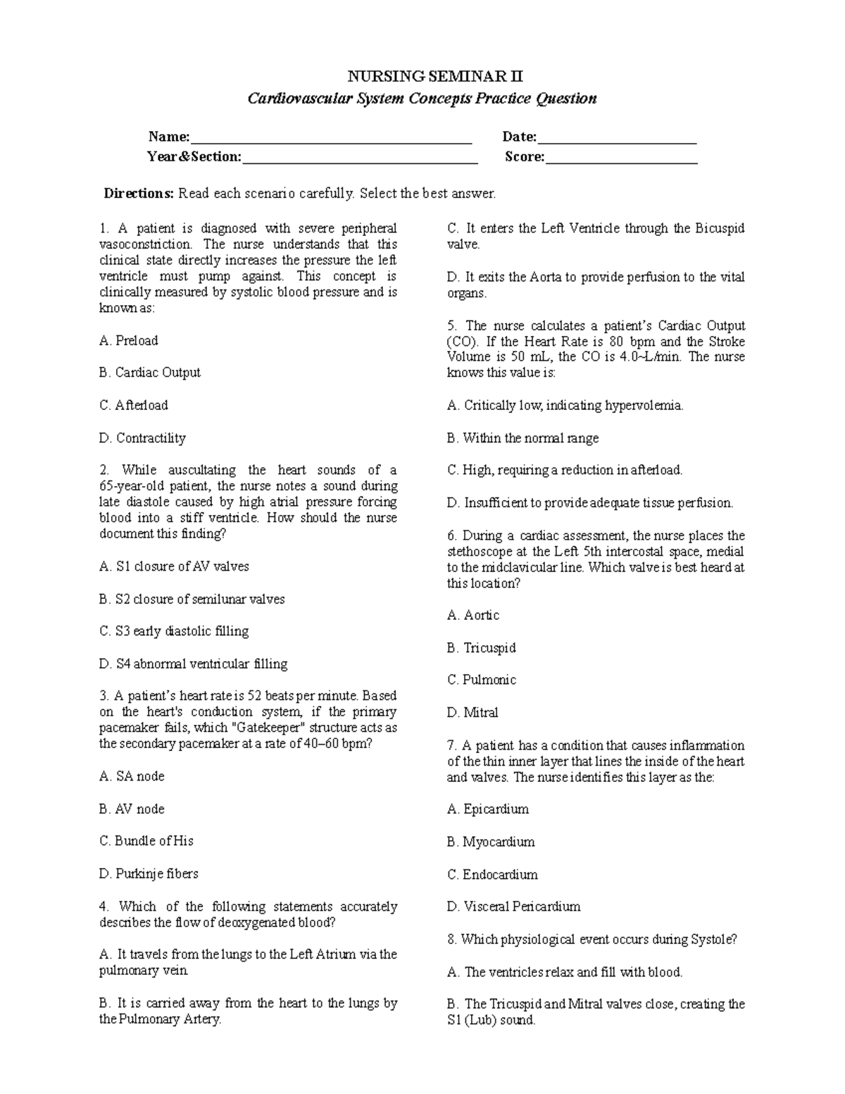 NURSING SEMINAR: PQ Cardio Concepts Practice Questions - Studocu