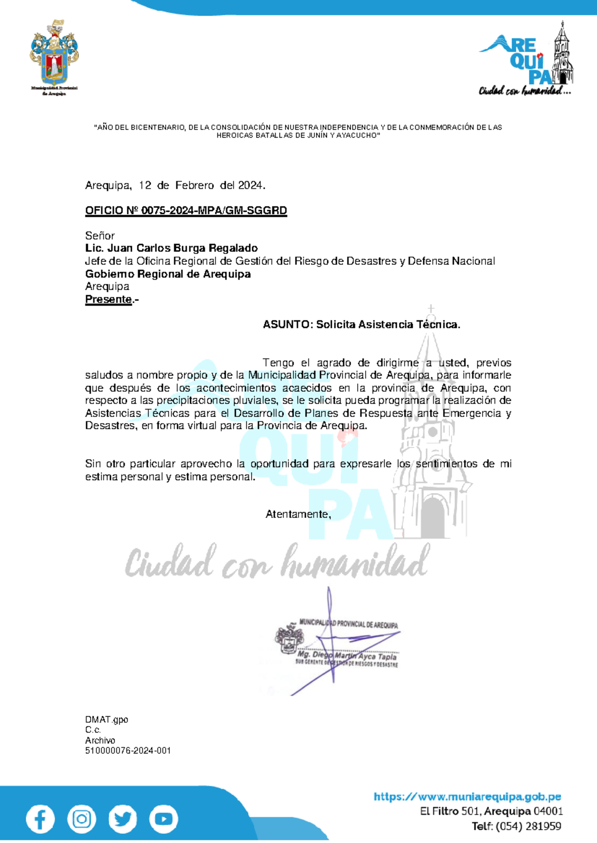 Ofic-75 Asistencia Tecnica - “AÑO DEL BICENTENARIO, DE LA CONSOLIDACIÓN ...