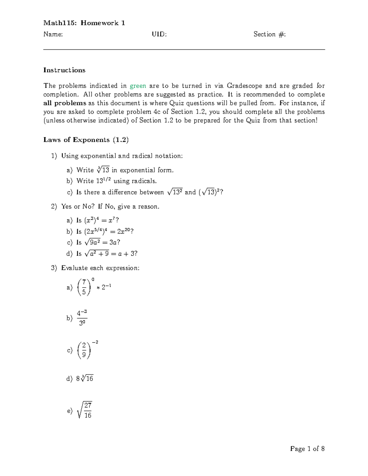 MATH115: Homework 1 - Practice Problems and Solutions - Studocu