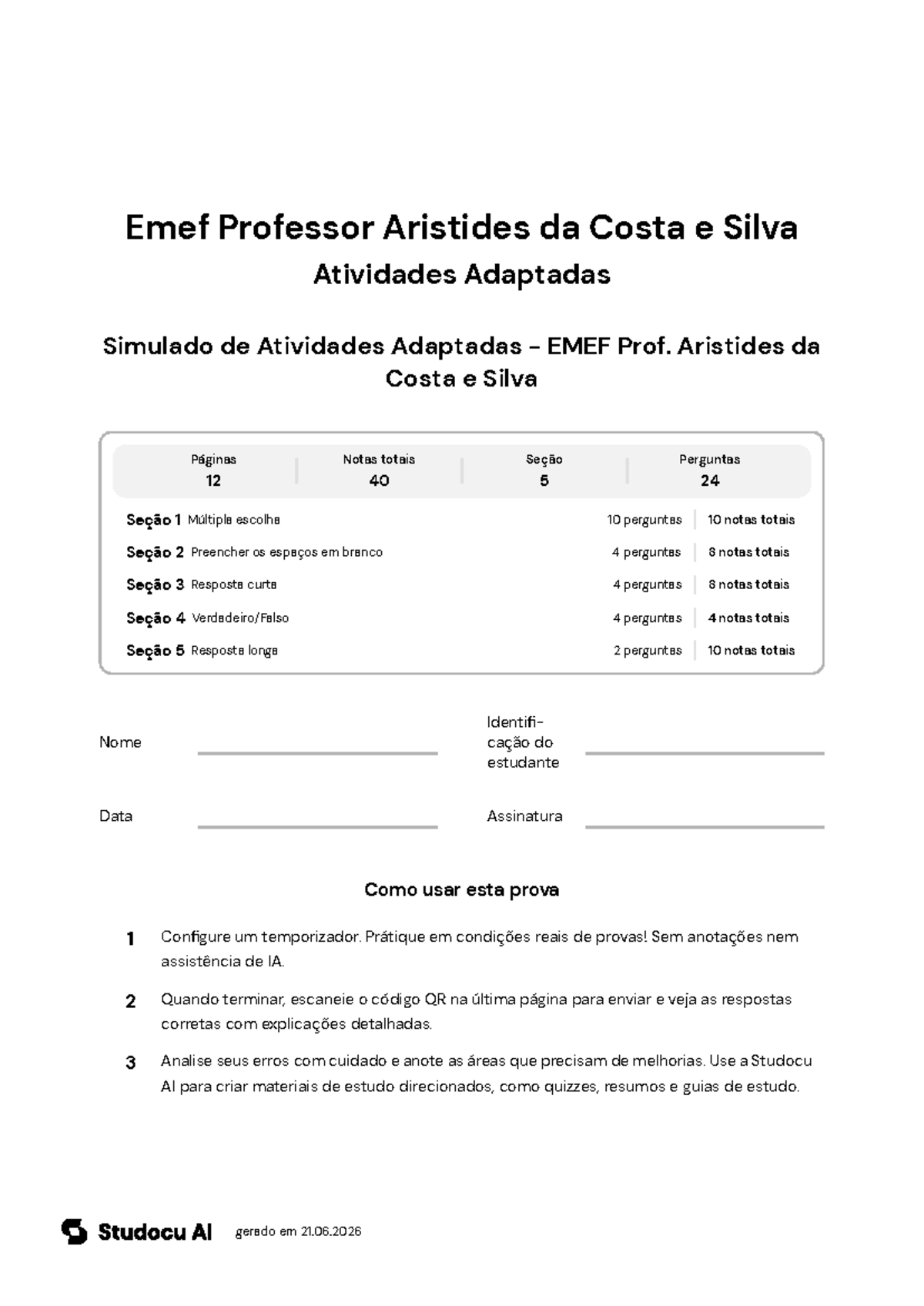 Simulado de Atividades Adaptadas - EMEF Prof. Aristides - Studocu
