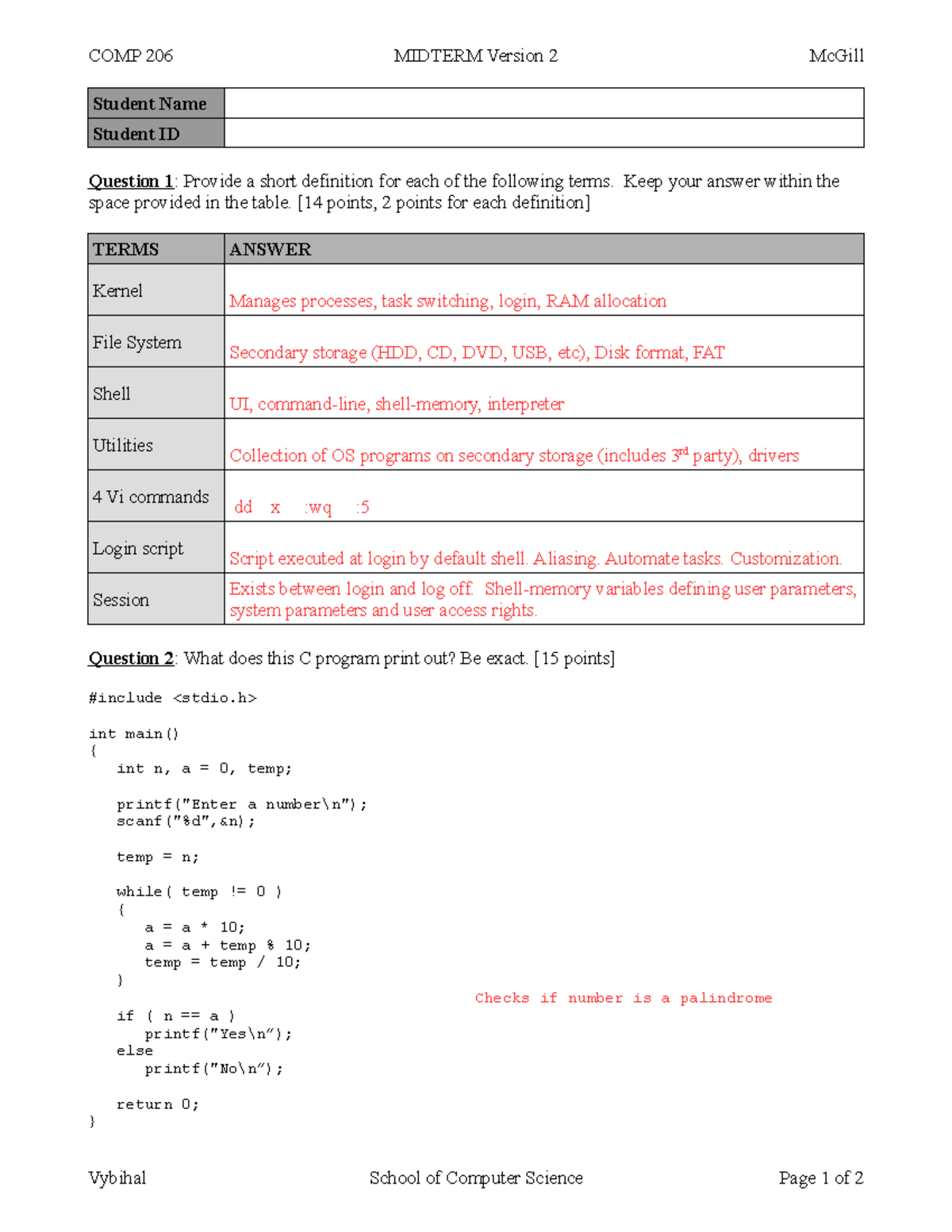 COMP 206 W17 Midterm Exam Version 2 - Practice Questions and Answers ...