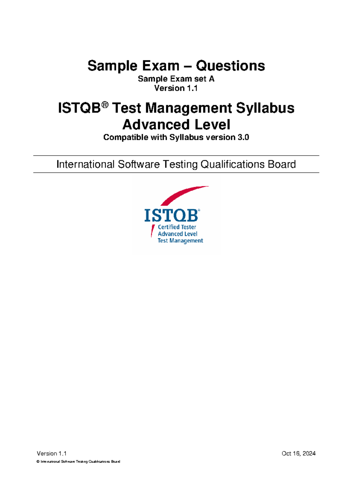 ISTQB CTAL-TM Sample Exam Questions - Set A (Version 1, 2024) - Studocu