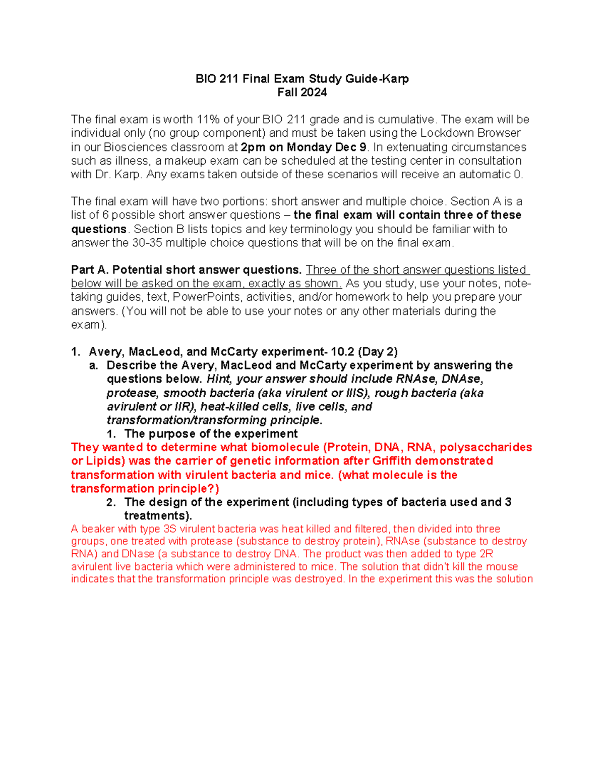 BIO 211 Final Exam Study Guide - Prep for Fall 2024 - Dr. Karp - Studocu