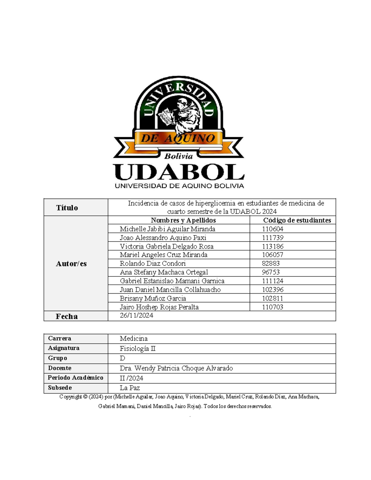Incidencia de Hiperglicemia en Estudiantes de Medicina - Fisiología II UDABOL 2024 - Document Preview