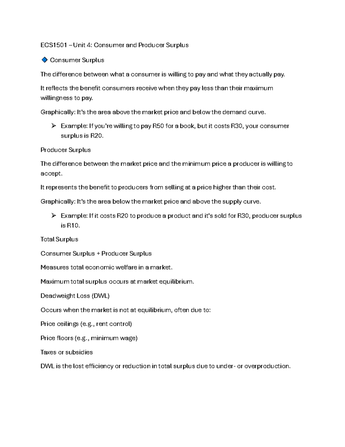 ECS1501 Unit 4: Notes on Consumer and Producer Surplus - Studocu