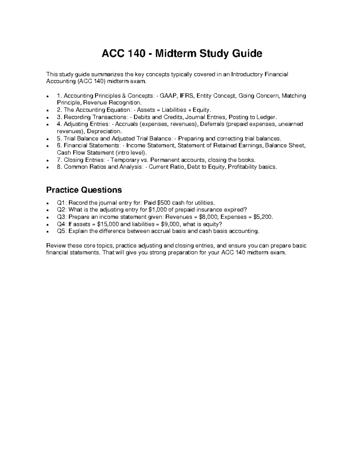 ACC 140 Midterm Exam Study Guide: Key Concepts & Practice - Studocu