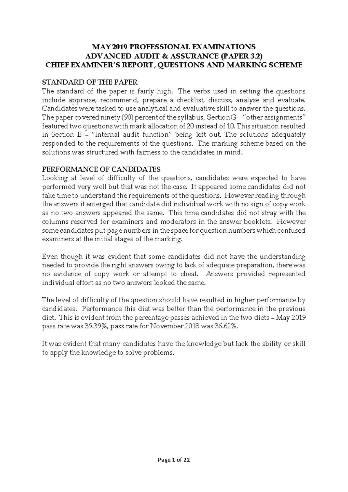 Advanced Audit Assurance Paper 3 - MAY 2019 PROFESSIONAL EXAMINATIONS ...
