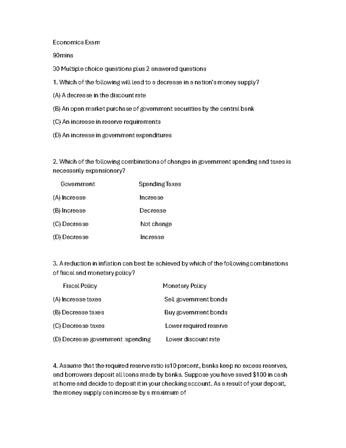 Mock Test: Economics Exam (90 mins) - Multiple Choice & Answered ...