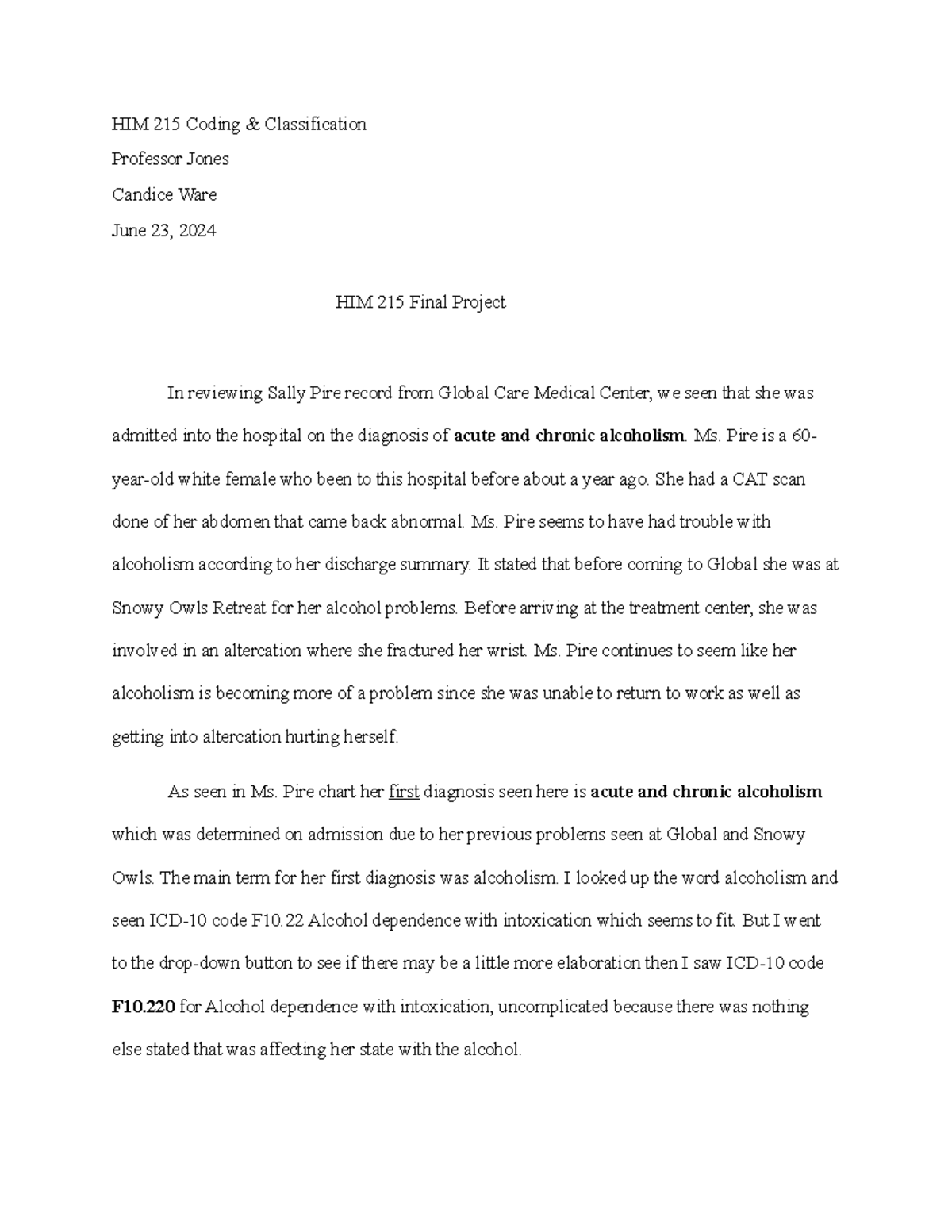 HIM 215 Final Project: Coding & Classification for Ms. Pire's Case ...