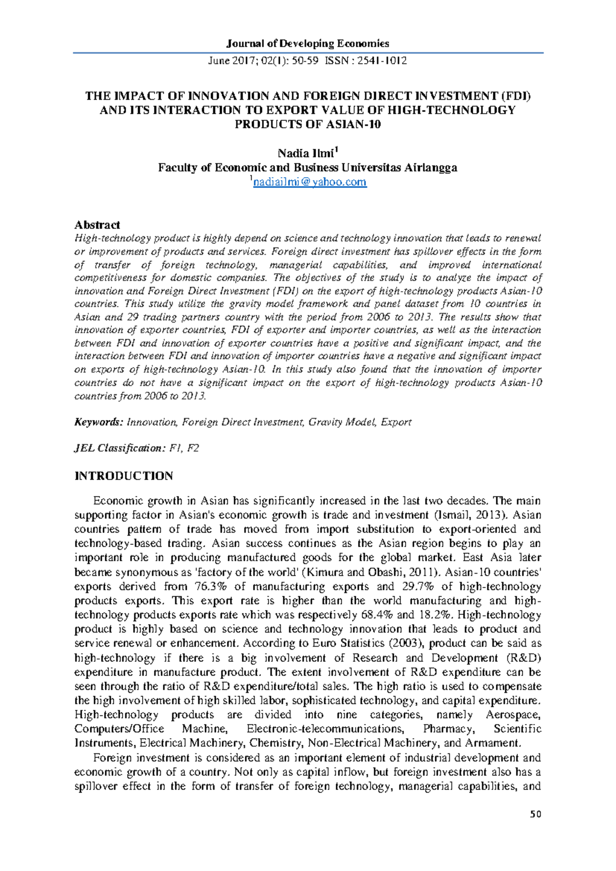 The Impact of Innovation and FDI on Export Value: A Study of Asian ...
