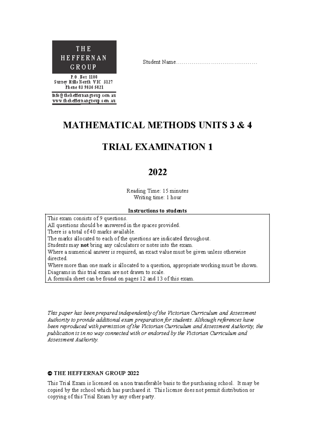 Exam 1 2022 Maths Methods Units 3 4 - Student Name ...