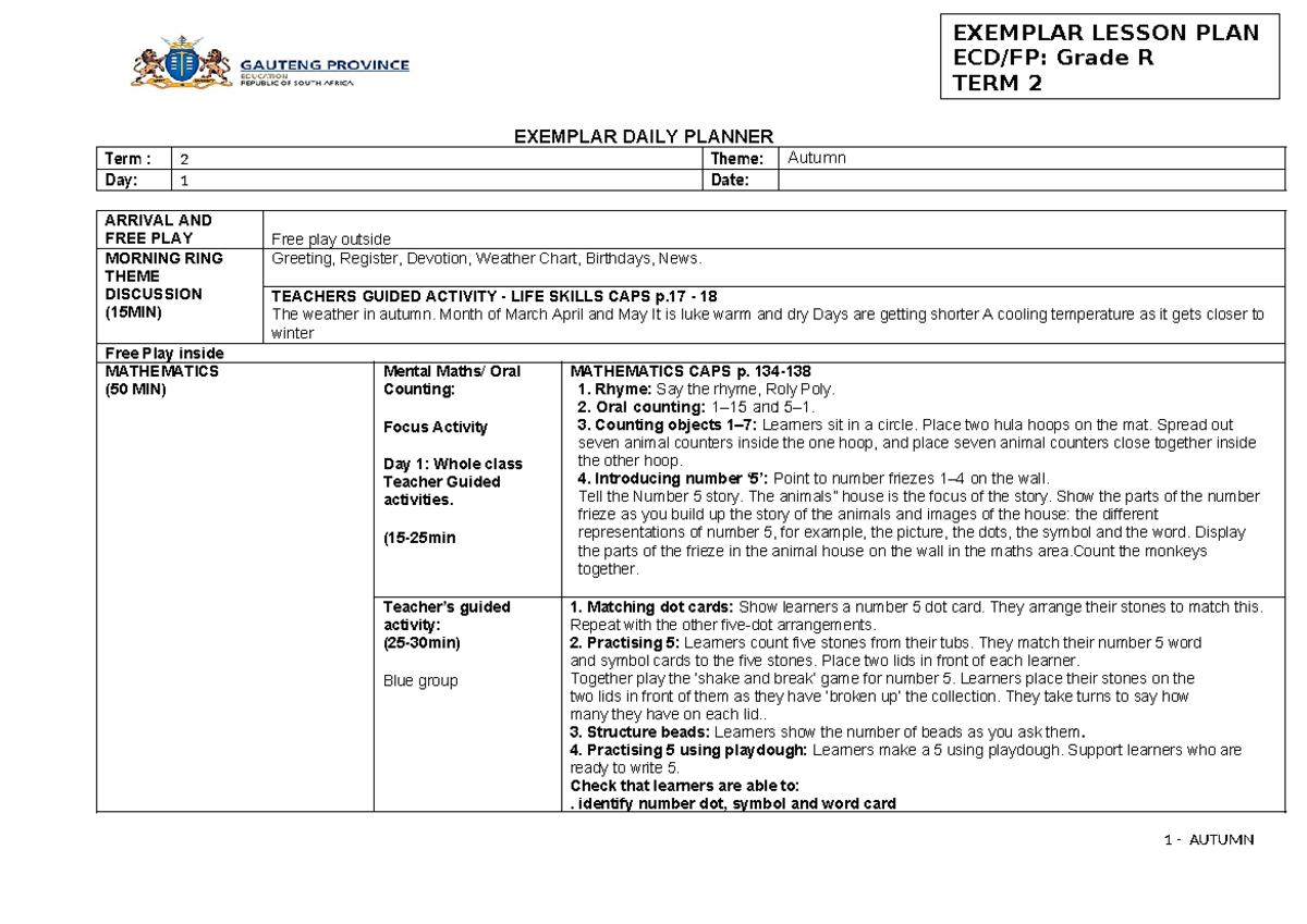 EXEMPLAR LESSON PLAN Grade R TERM 2: Week 5 - Autumn Activities - Studocu