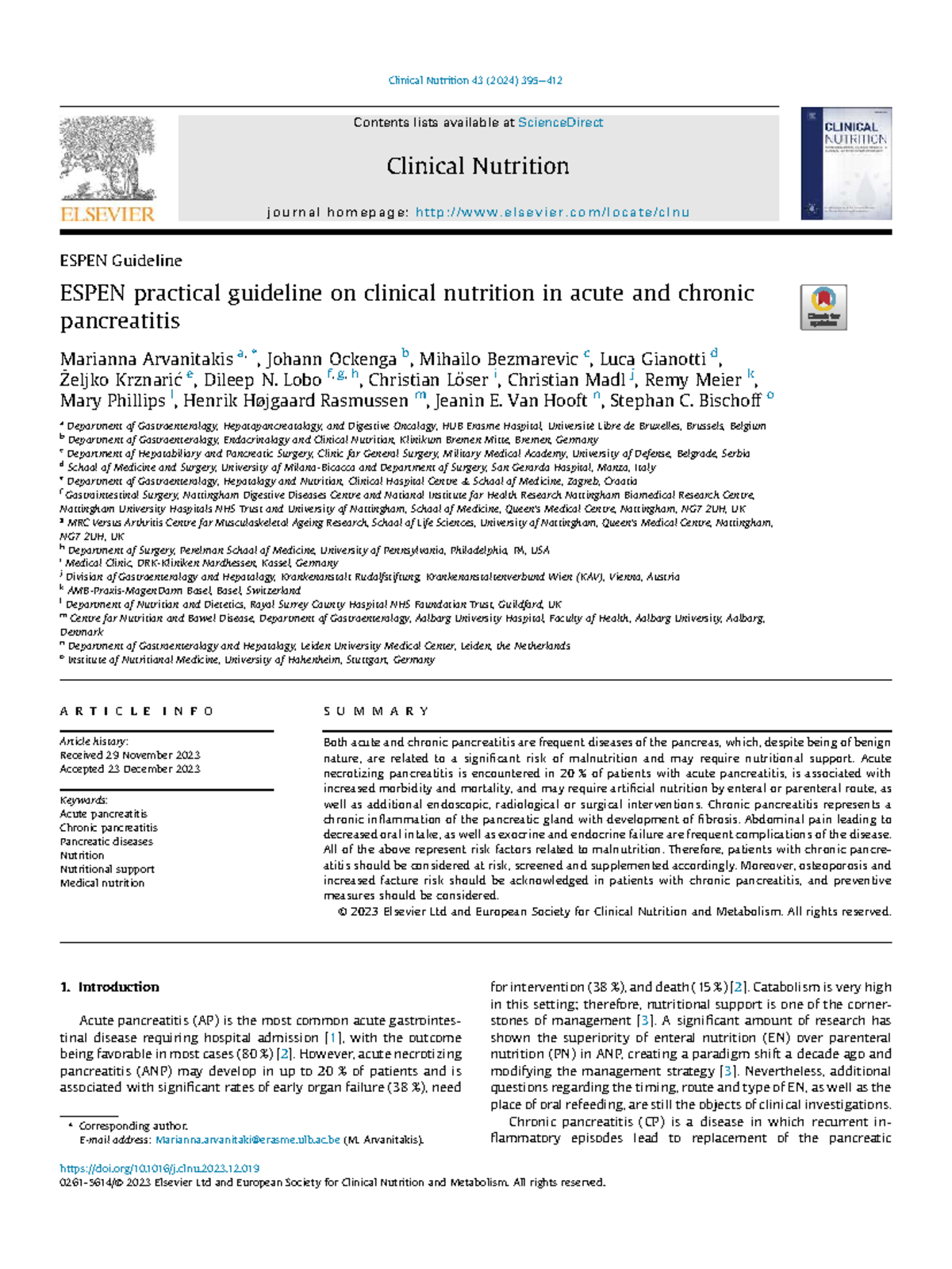 ESPEN Guidelines on Clinical Nutrition for Acute & Chronic Pancreatitis ...