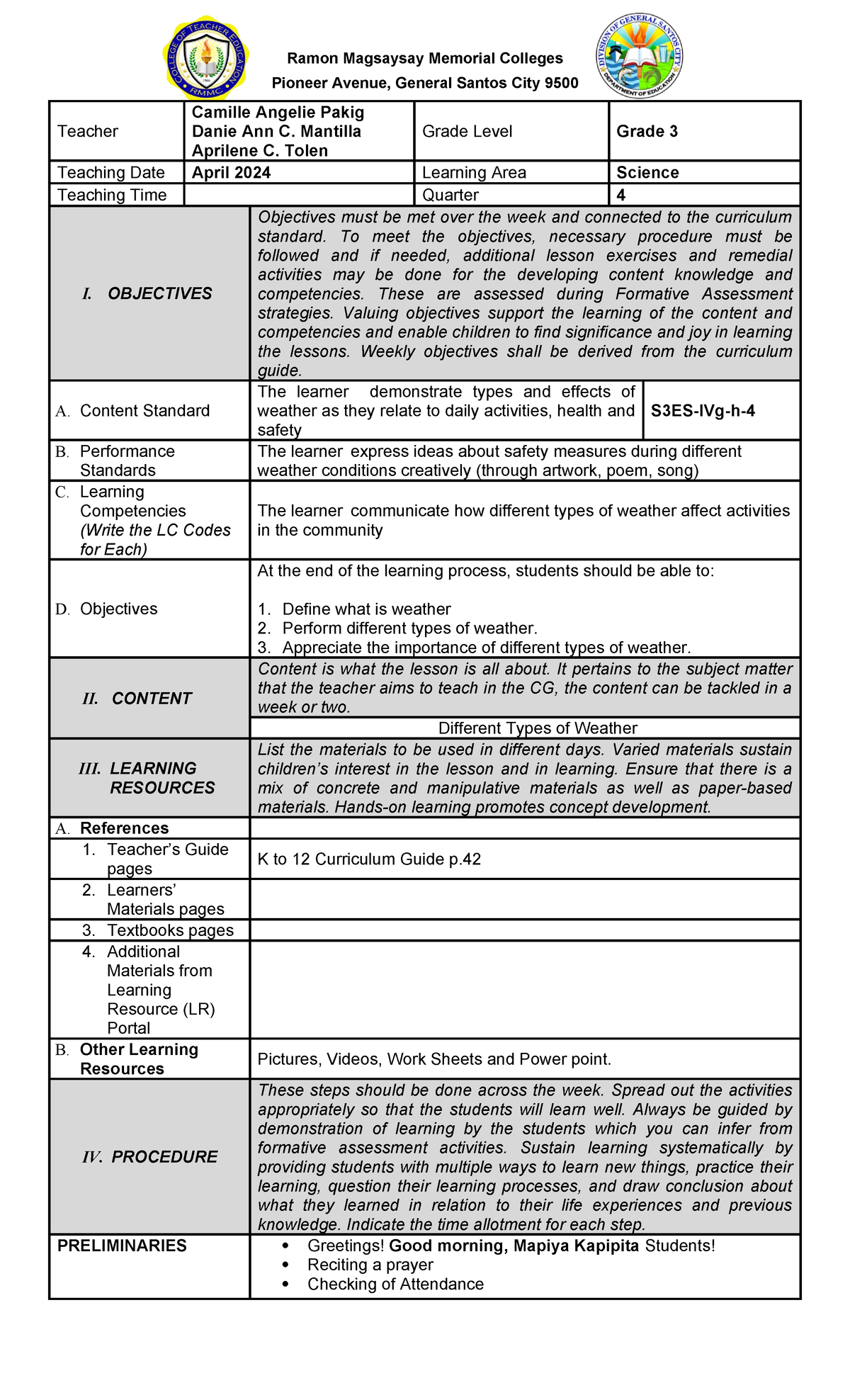 Lesson PLAN IN MTG- Science(SPY Kipay Group) - Pioneer Avenue, General ...
