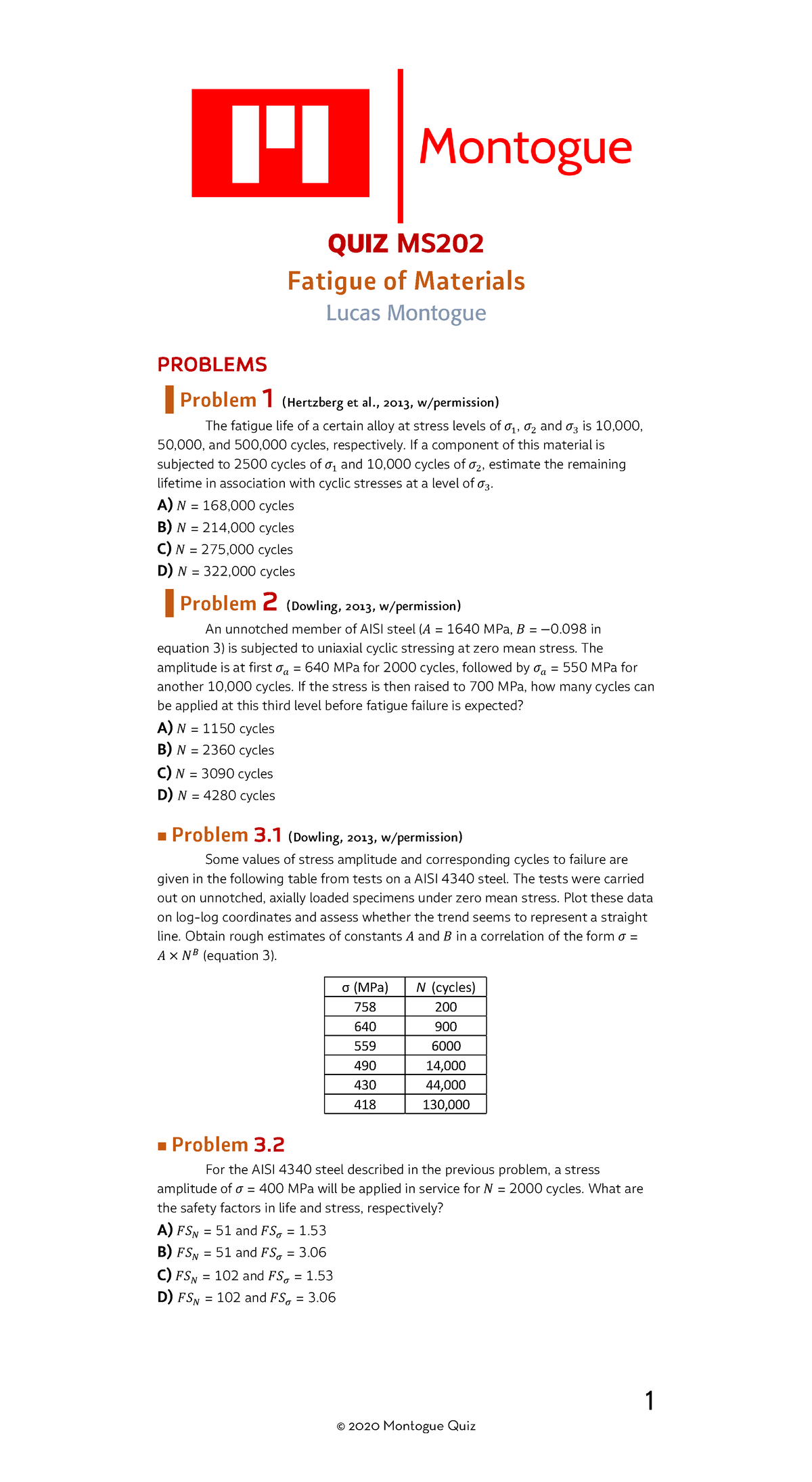 Fatigue of Materials Quiz MS: Solved Problems and Solutions - Studocu