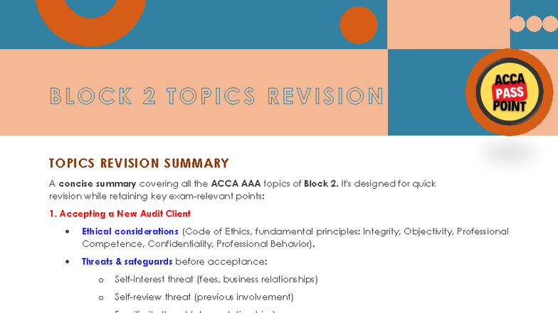 ACCA Block 2 Topics Revision Summary for Quick Review - Studocu