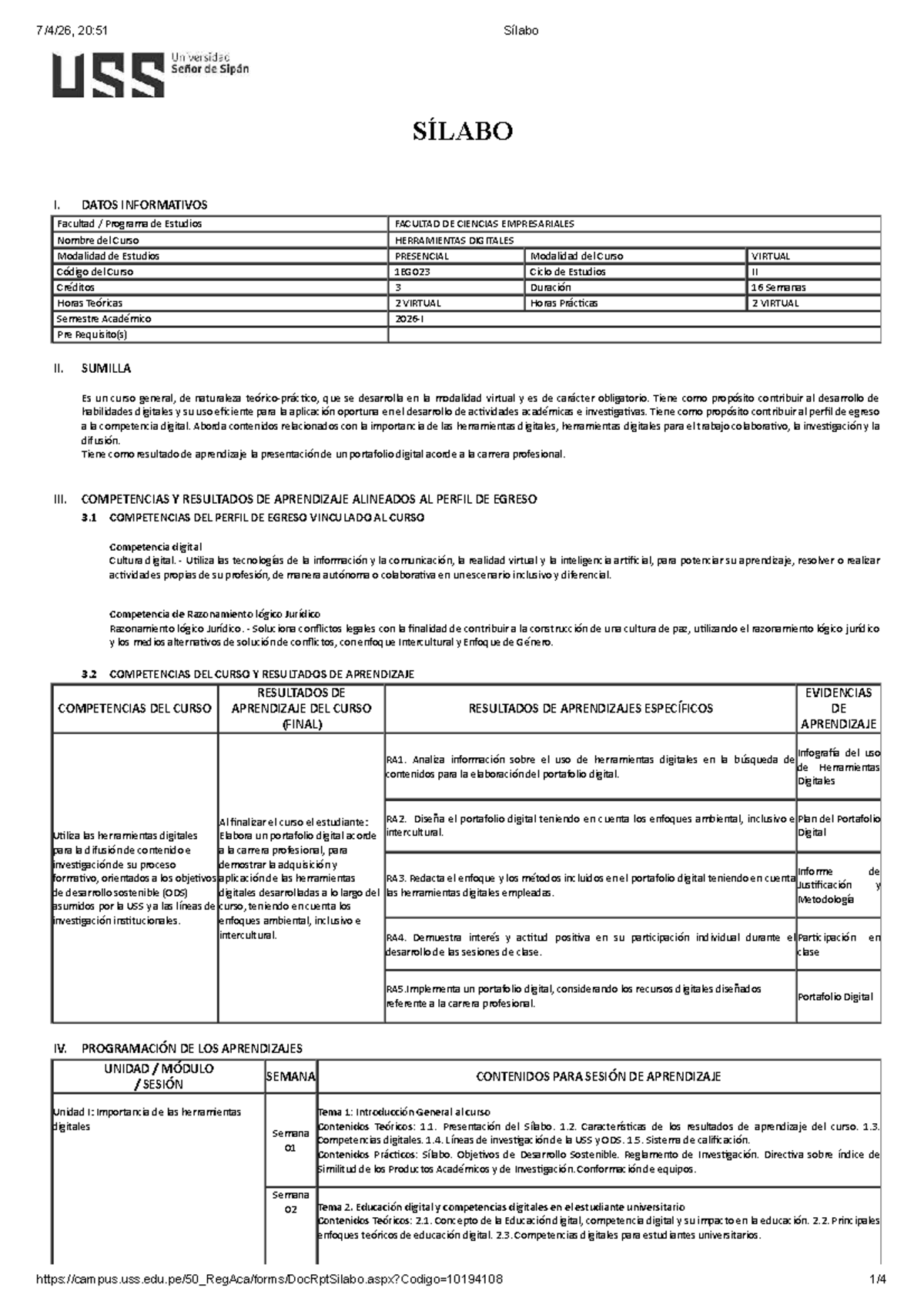 Sílabo 1EG023: Herramientas Digitales - Curso 2026-I - Document Preview