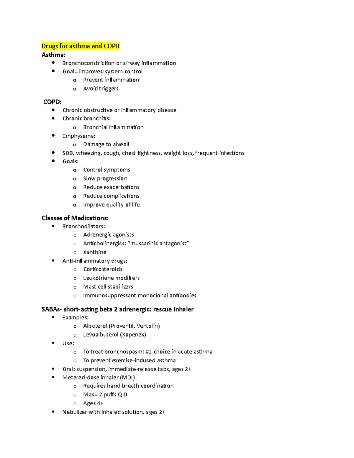STUD-asthma and COPD - Lecture Notes for medications used for asthma ...