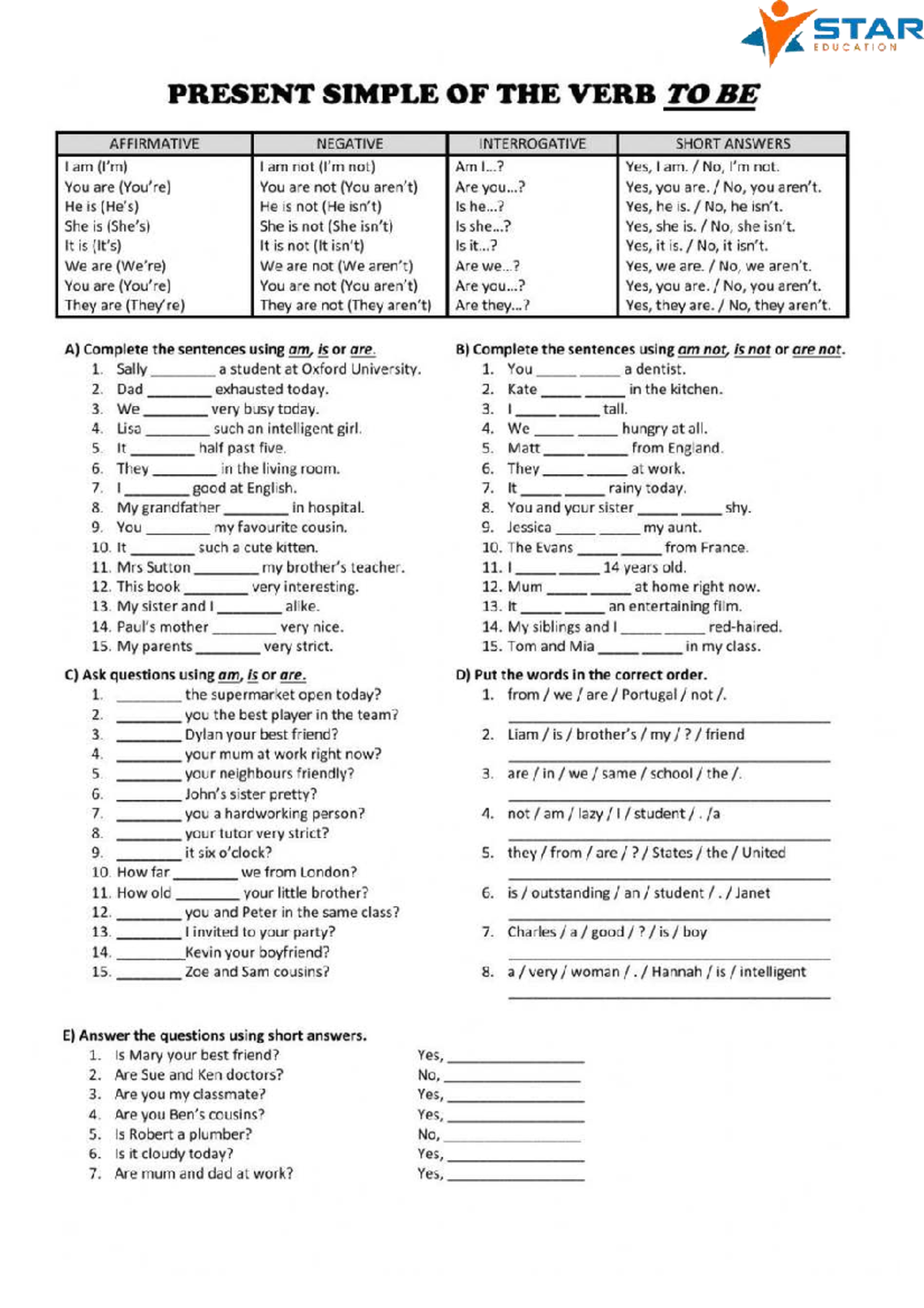 STAR EDUCATION PRESENT SIMPLE: AFFIRMATIVE, NEGATIVE, INTERROGATIVE ...