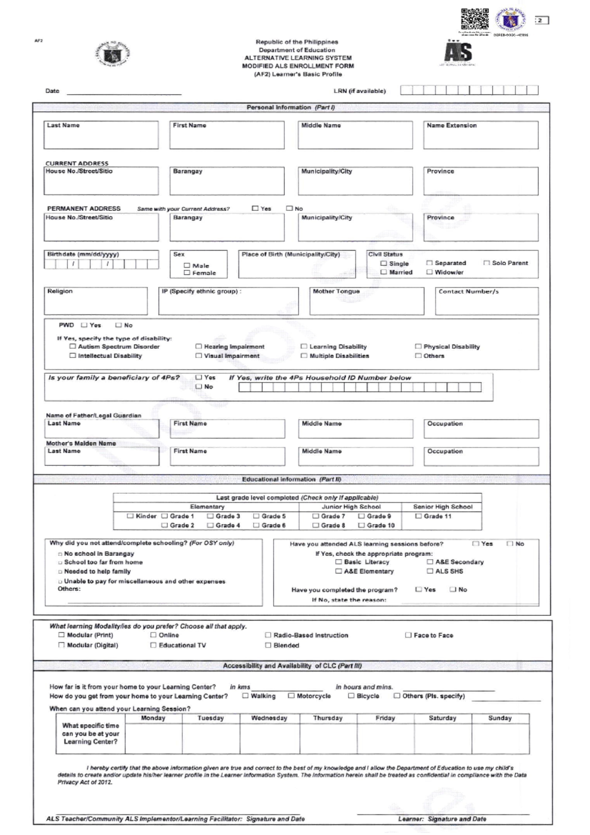 AF2 - Modified ALS Enrollment Form Guidelines & Instructions - Studocu
