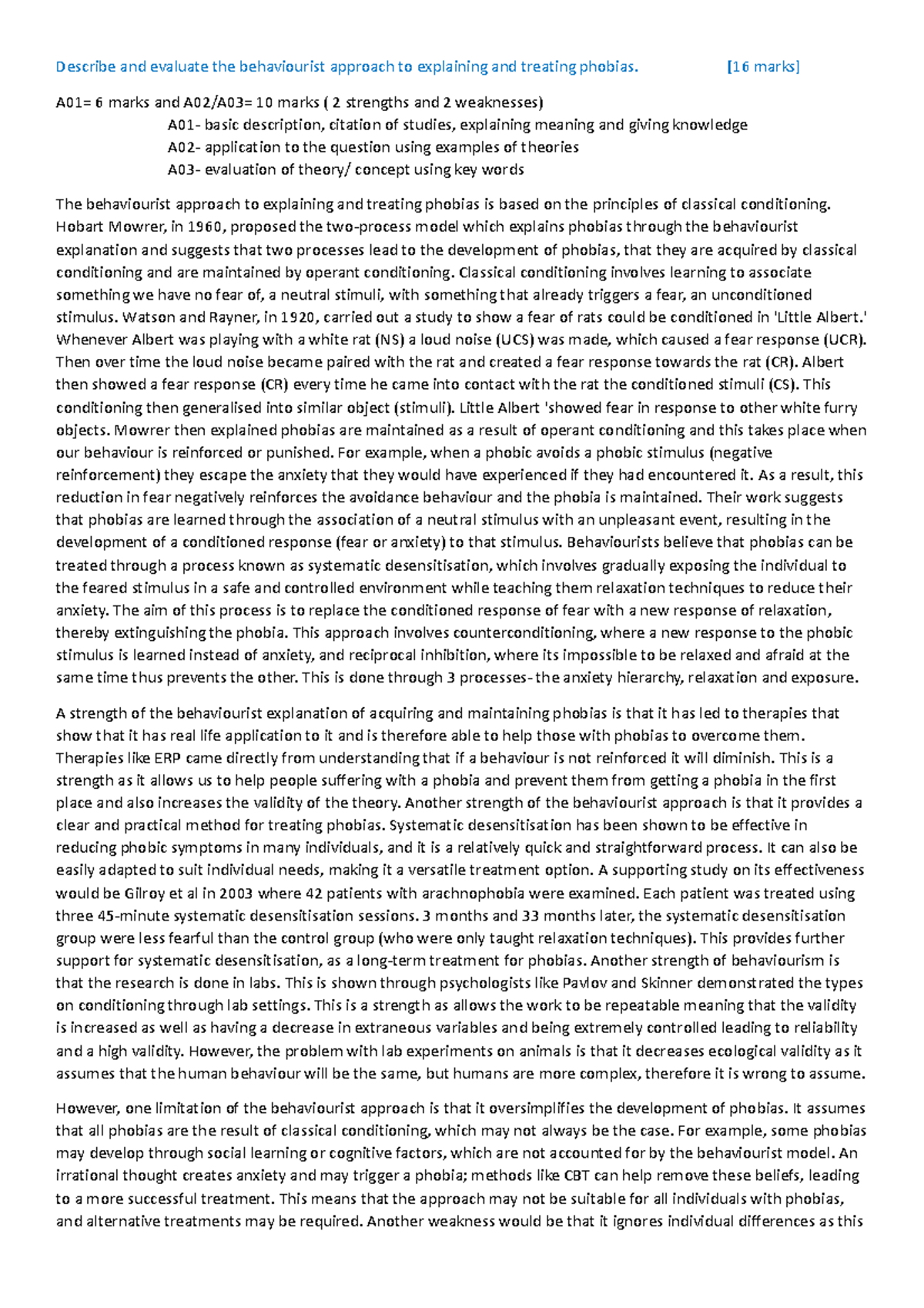 Behaviourist Approach to Phobias: Evaluation and Treatment (PSY123 ...
