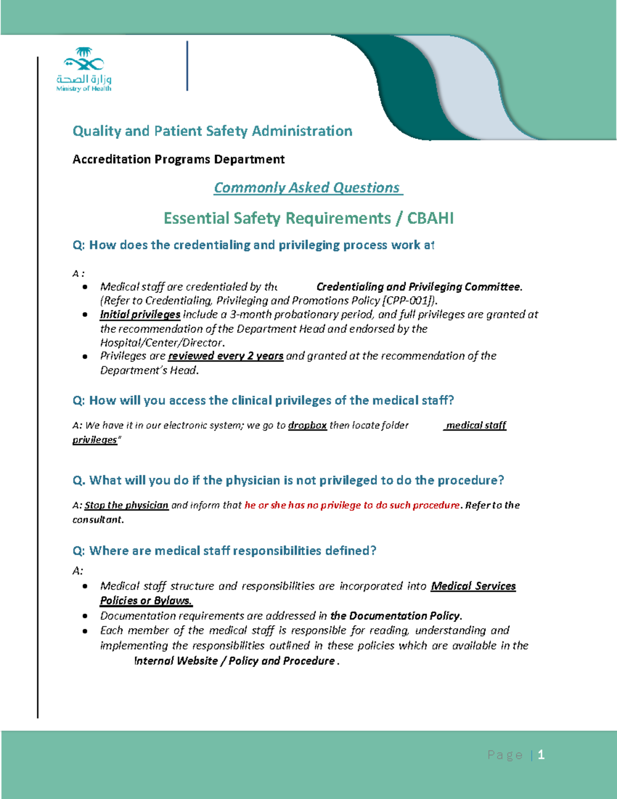 CBAHI Quality & Patient Safety: FAQ Guide for Healthcare Staff - Studocu