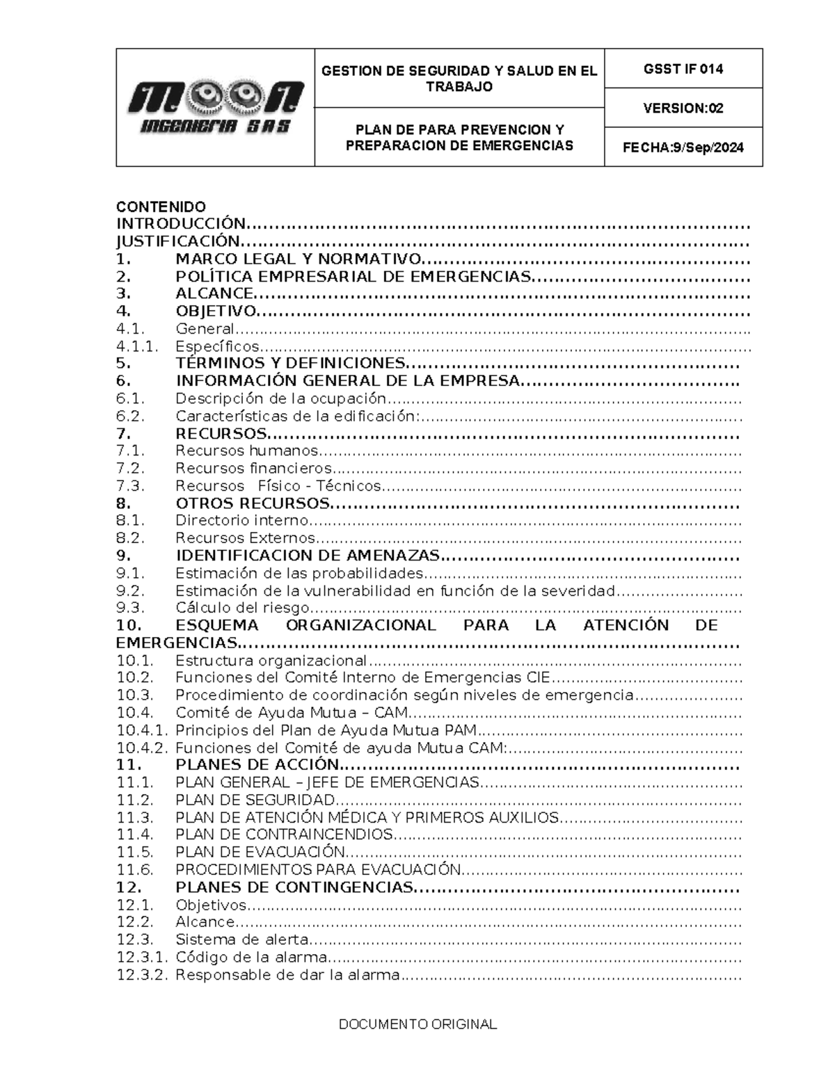 Plan de Emergencias y Contingencias GSST IF 014 - Moon Ingeniería - Studocu