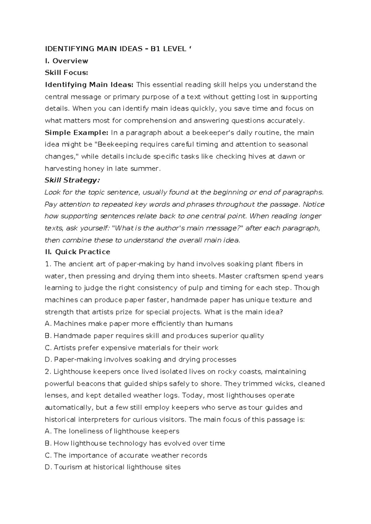 Main Idea Identification Strategies - B1 Level Study Guide - Studocu