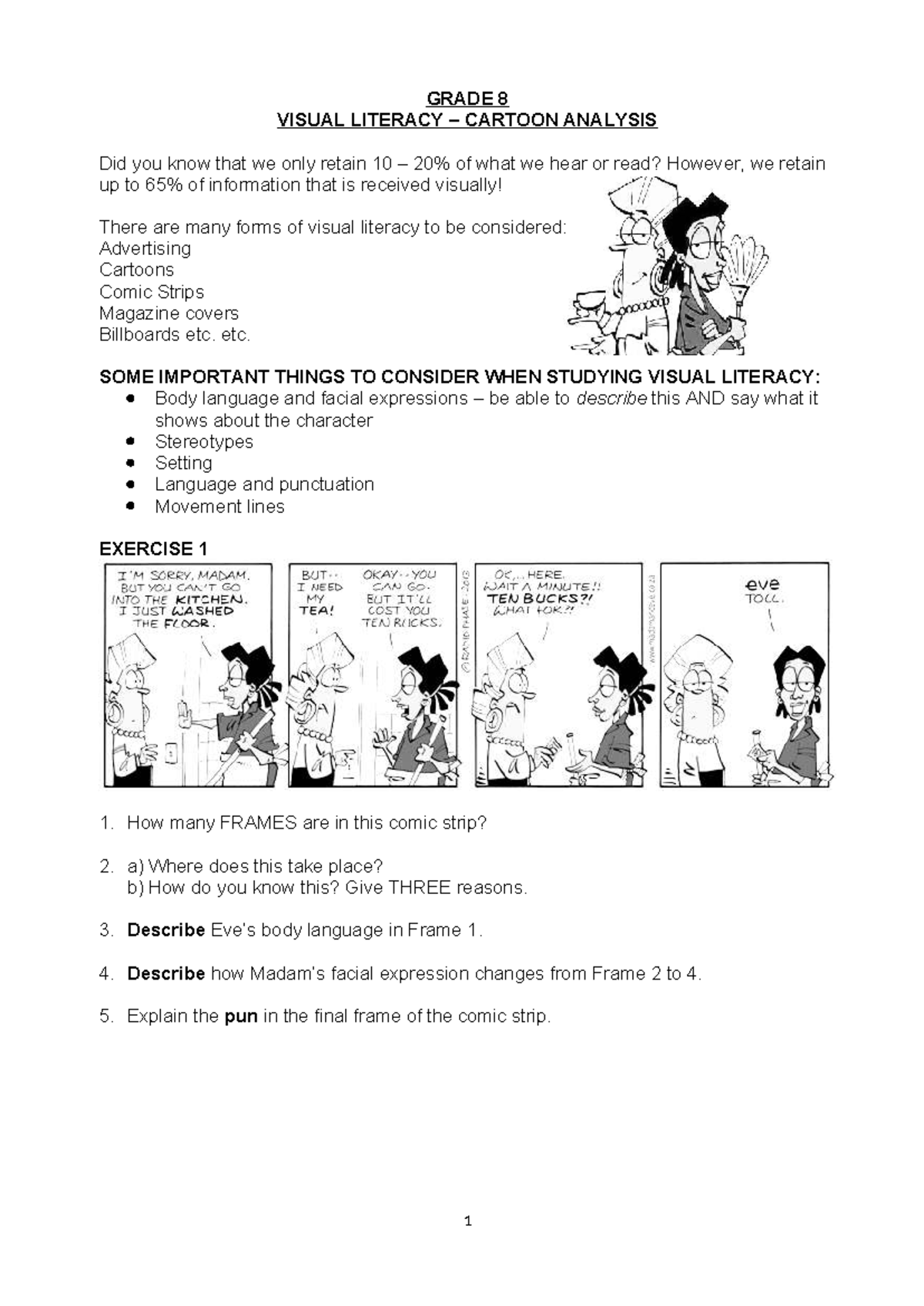 GRADE 8 VISUAL LITERACY: CARTOON ANALYSIS & HUMOR STUDY - Studocu