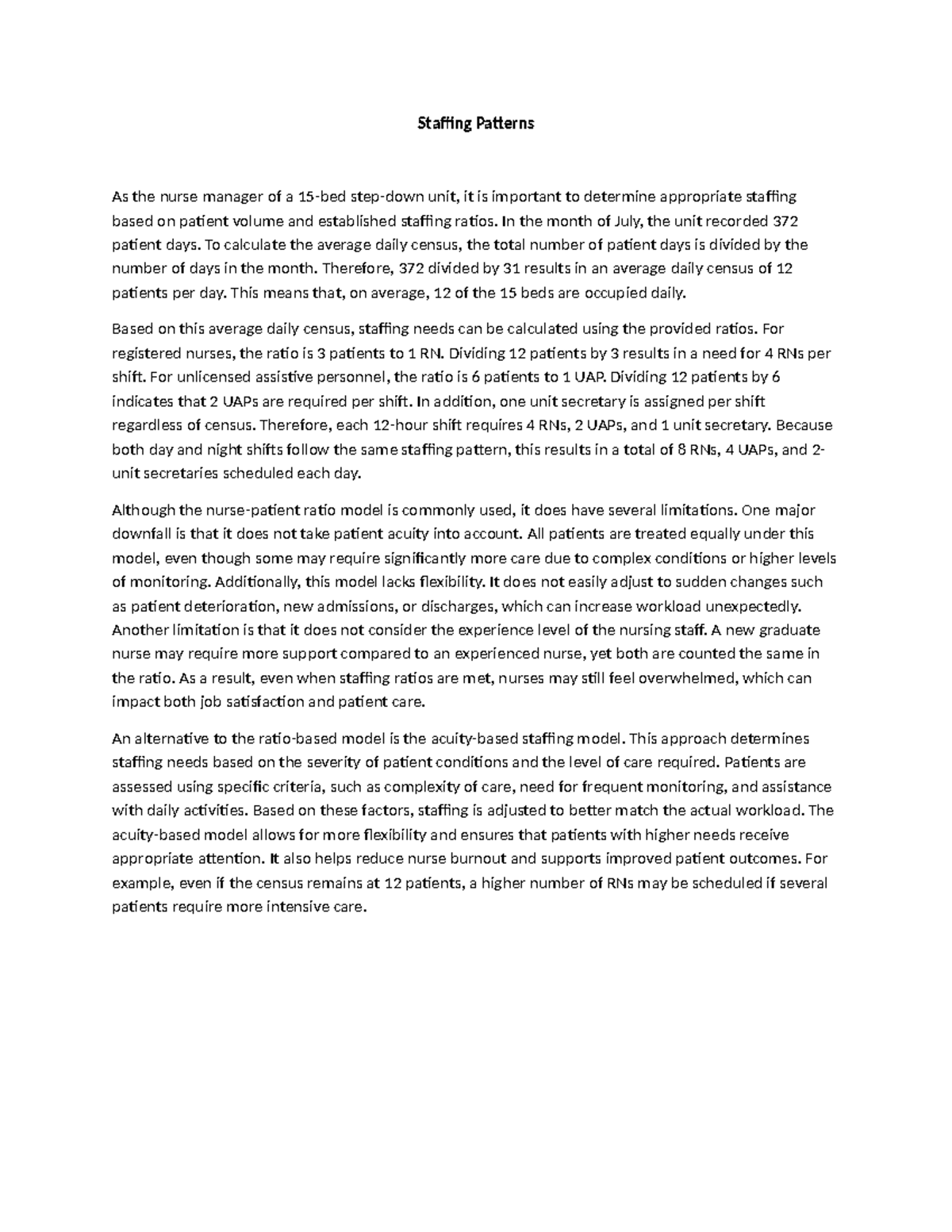 Staffing Patterns Analysis for Nursing Unit Management - Studocu