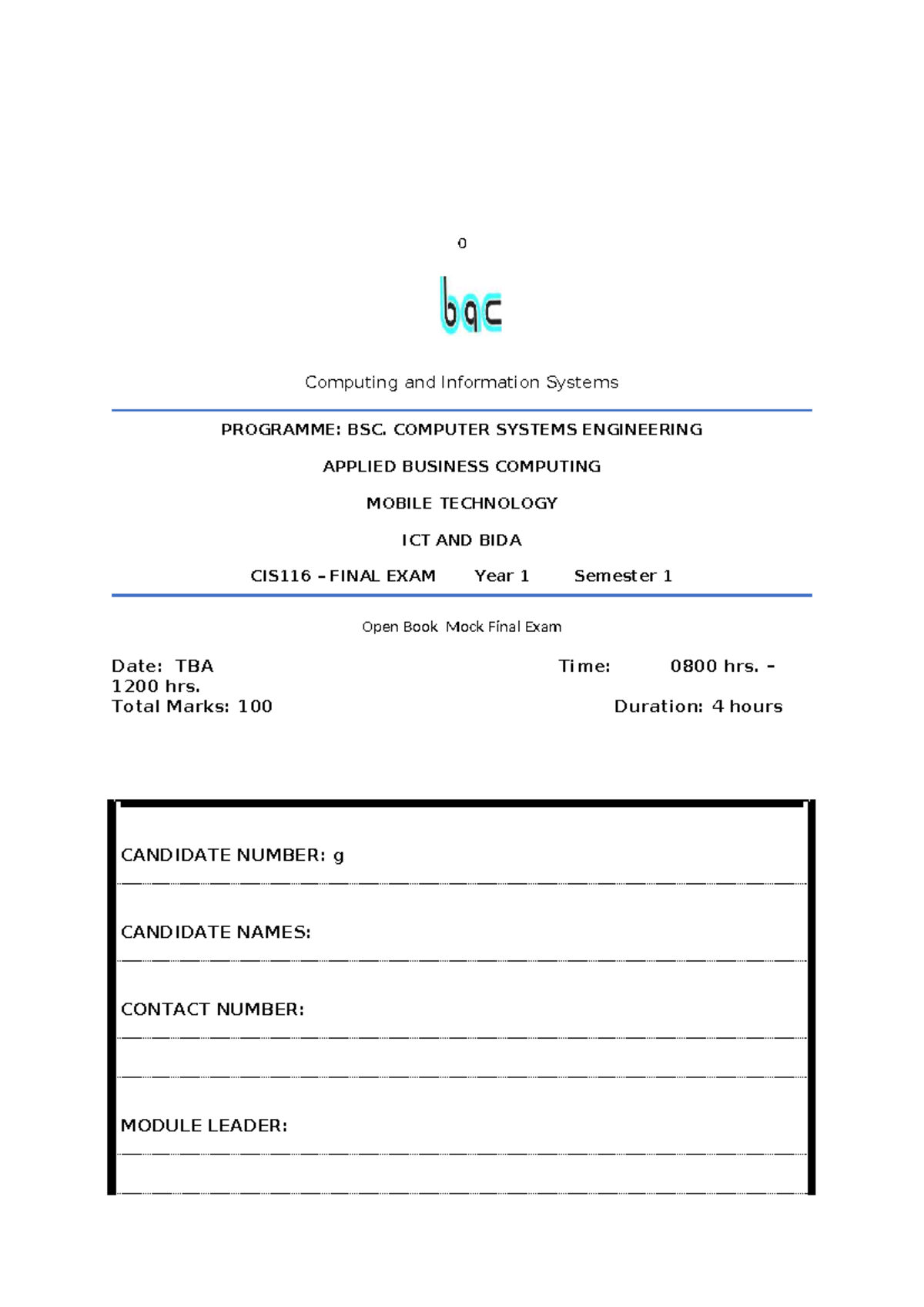 CIS116 BSc Computer Systems Engineering Final Exam Mock Paper - Studocu
