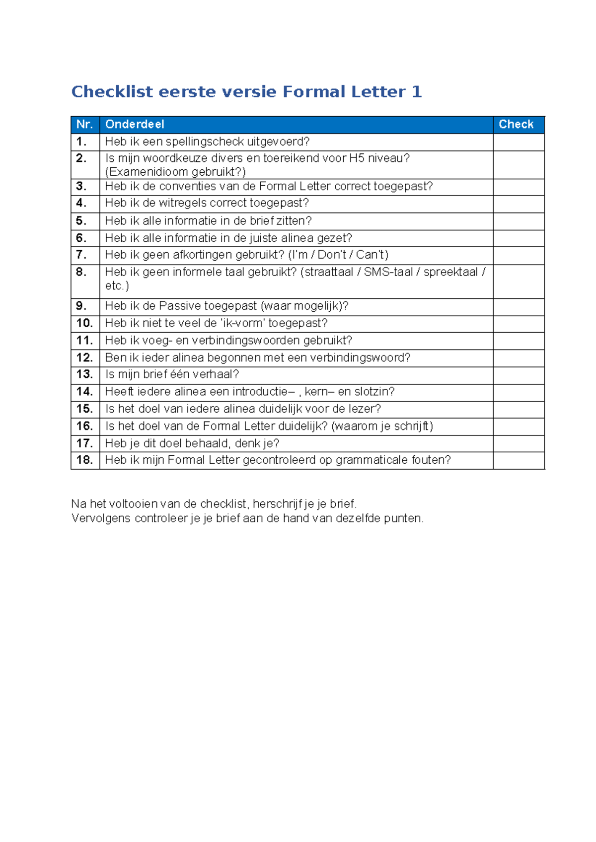 Checklist voor de Eerste Versie van een Formele Brief (H5) - Studeersnel